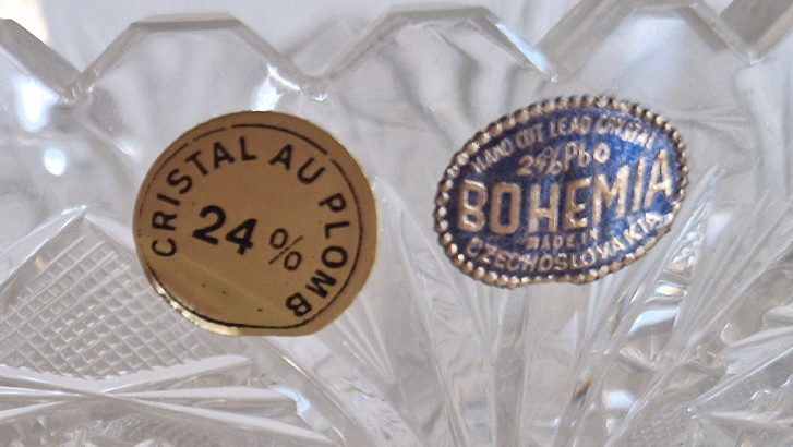 Close-up of original Bohemia labels: Cristal au Plomb 24% and Hand Cut Lead Crystal Czechoslovakia