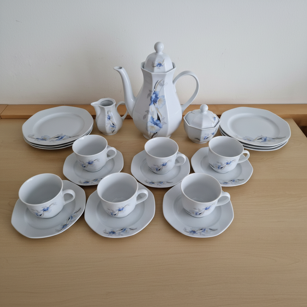 Editorial hero image – vintage white porcelain coffee set with blue floral motif