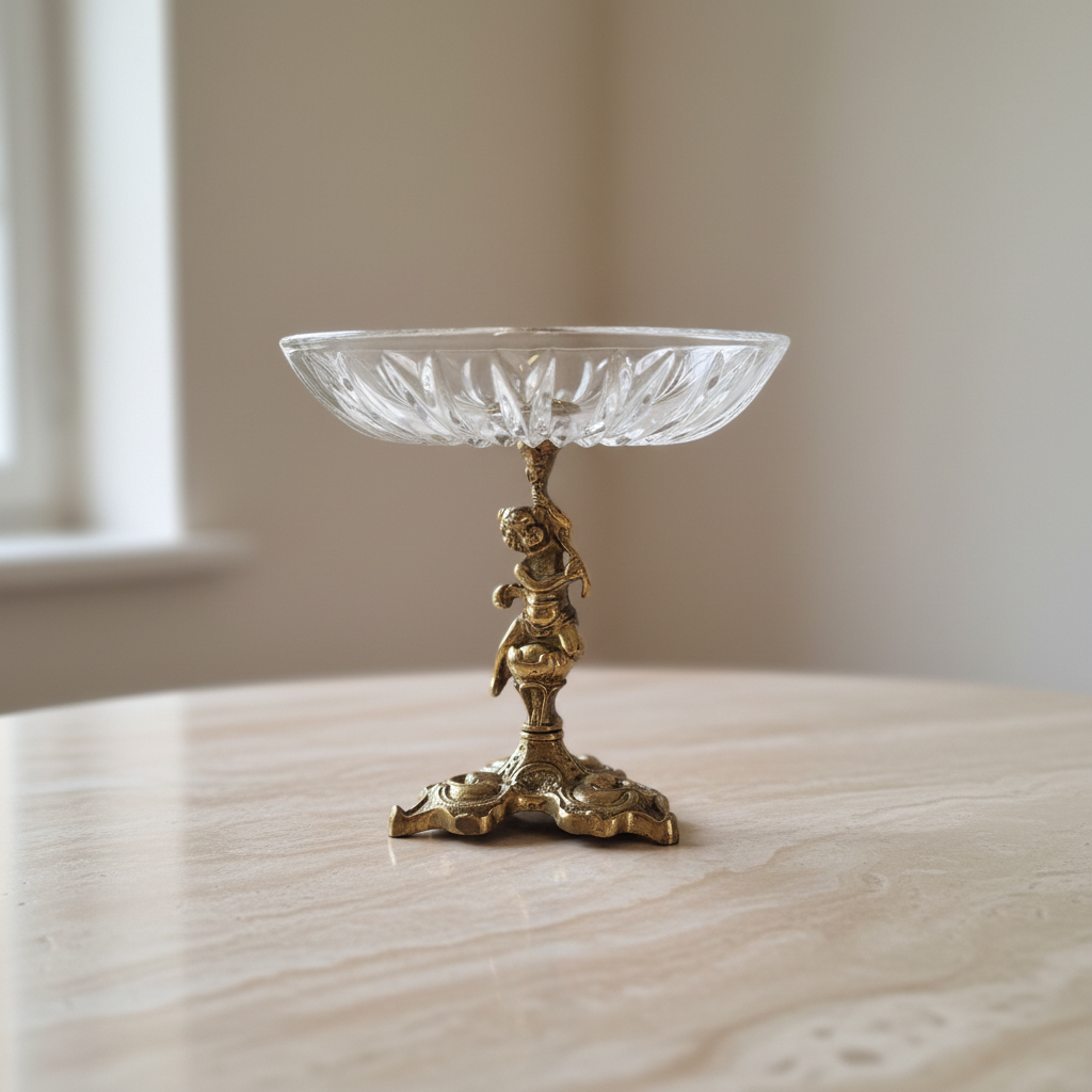 Vintage cut glass compote bowl with gold-tone figural pedestal and ornate three-foot base