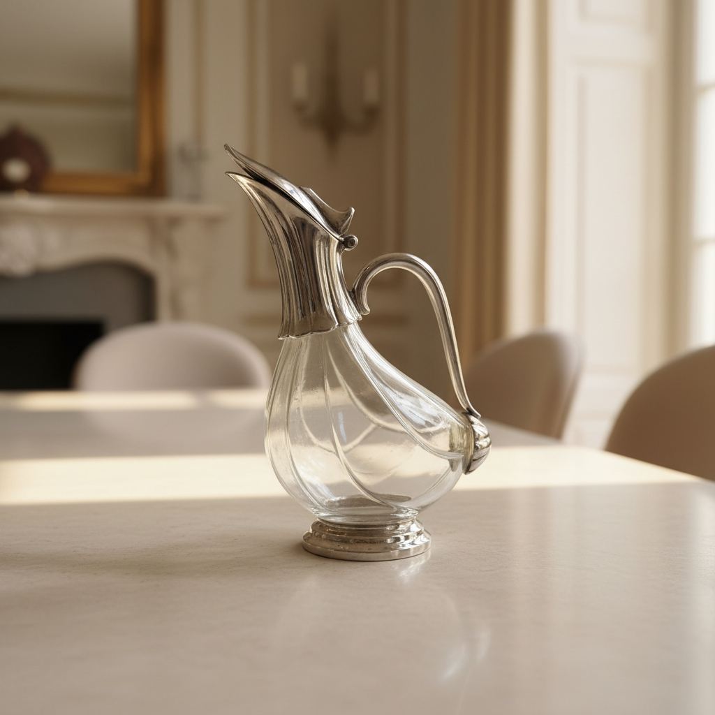 Vintage clear glass claret jug with silver-tone foot curved handle hinged lid and flared pouring spout