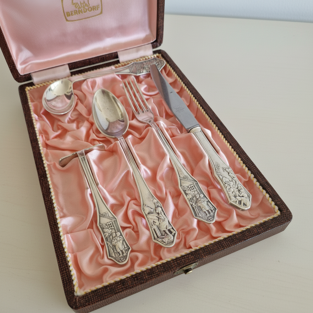 Five-piece vintage Berndorf children’s cutlery set with fairy-tale relief handles in pink satin presentation case