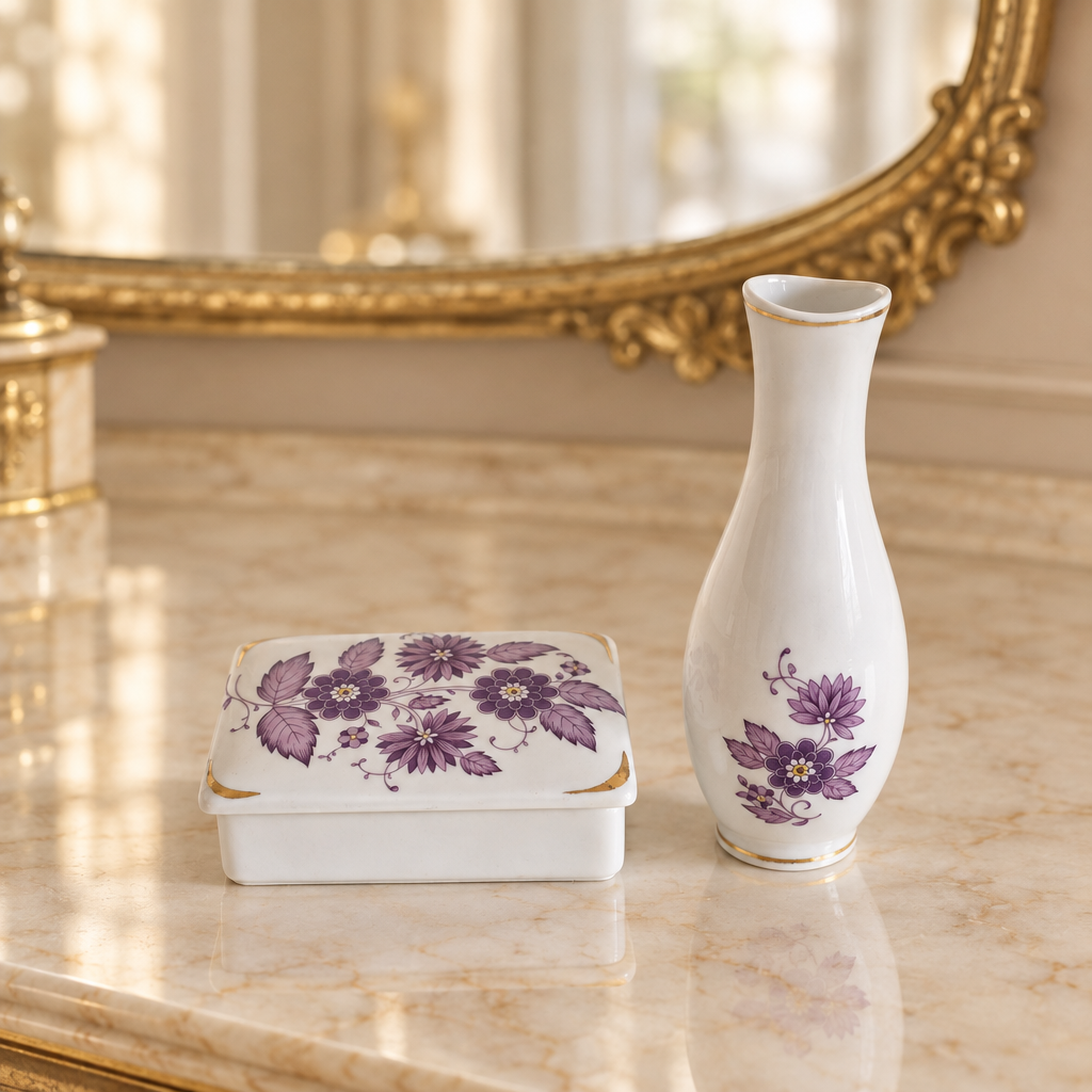 Hollóháza white porcelain vase and lidded box with purple flowers on an elegant ivory vanity