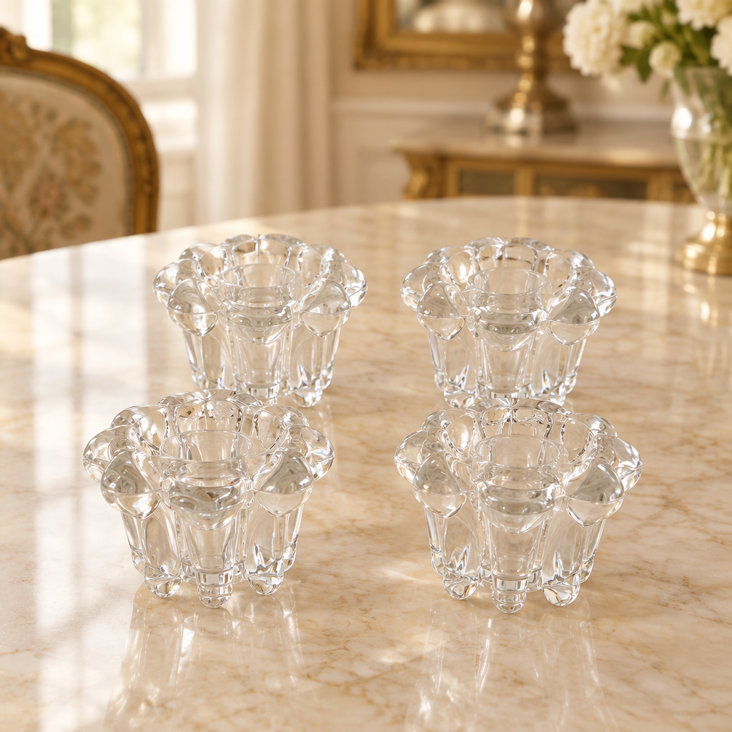 Four clear glass flower-shaped candle holders arranged on an ivory marble surface
