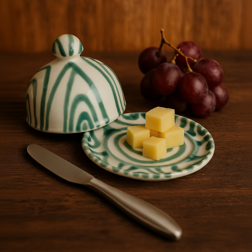 Vintage Gmundner Keramik butter dish — teal Landlinie stripe pattern, domed lid open with butter cubes, square hero image