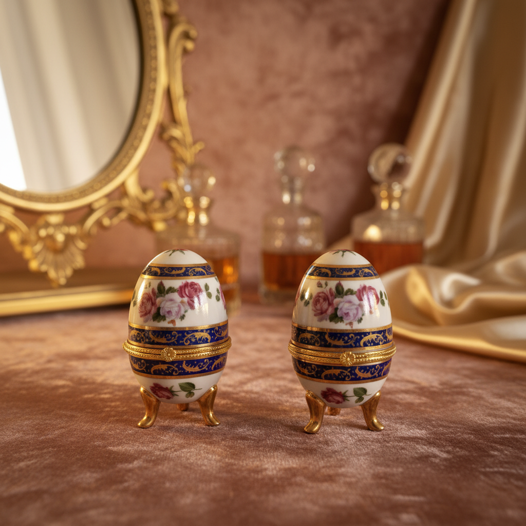 Antique porcelain egg trinket box pair — cobalt blue, gilt scrollwork, hand-painted roses, luxury boudoir hero image