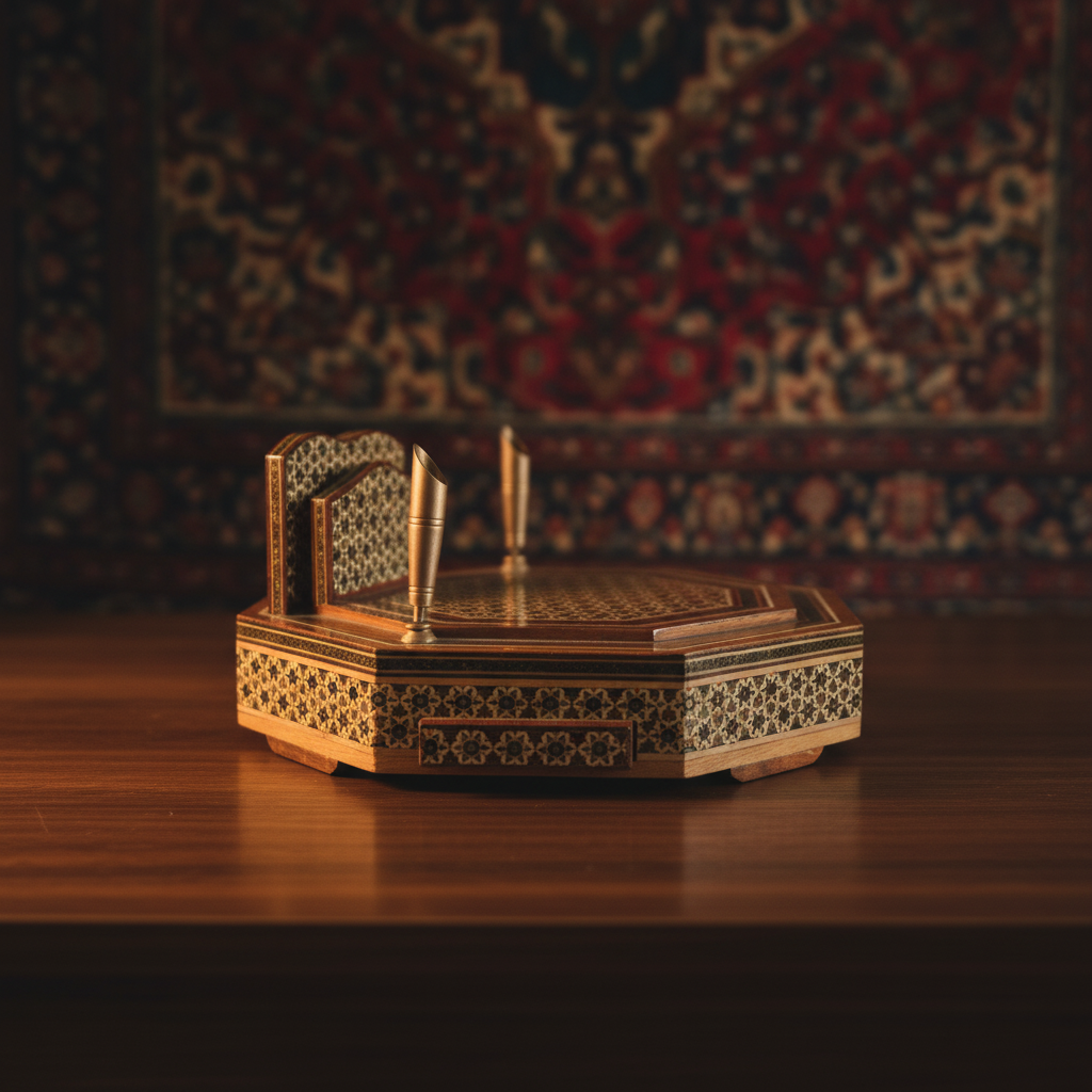 Antique Persian Khatam marquetry octagonal desk box with brass pen holders and pull-out drawer