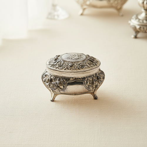 Antique white metal trinket box — repousse floral roses, figural lid medallion, cabriole legs, hero image