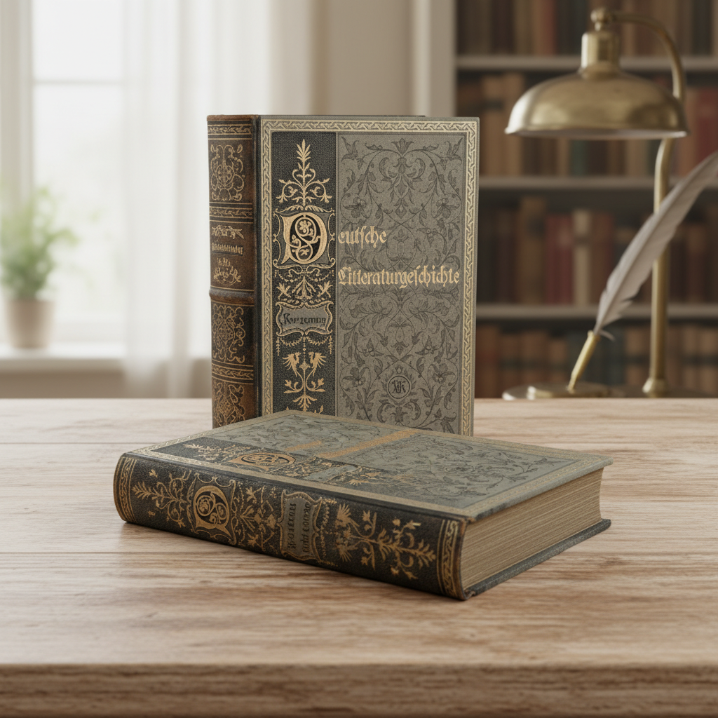 Two antique Deutsche Literaturgeschichte volumes by Robert Koenig with ornate grey black and gilt bindings