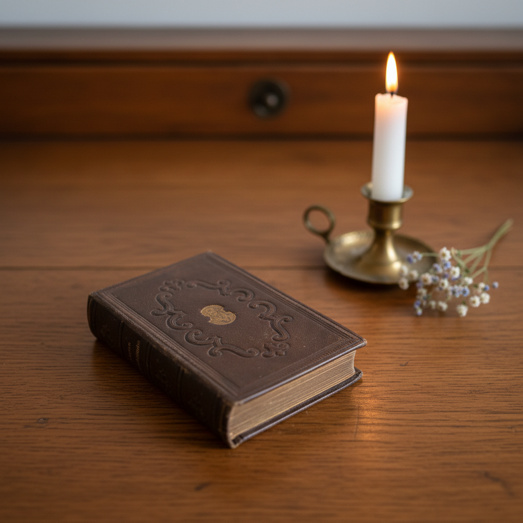 Andenken an die Heiligste Maria 1863 antique prayer book on antique desk - hero image