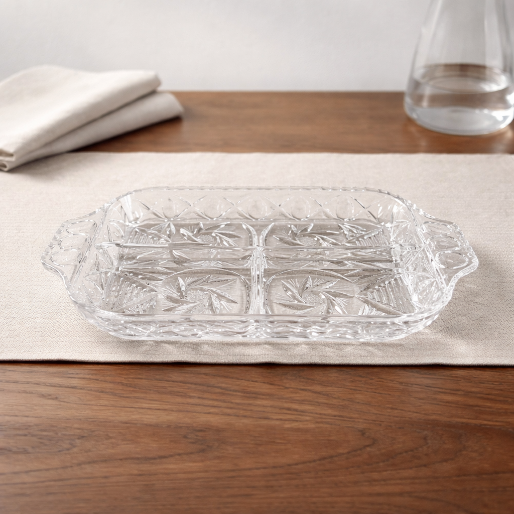 Vintage Pressed Glass Rectangular Divided Relish Dish — Pinwheel & Diamond Pattern, Tab Handles