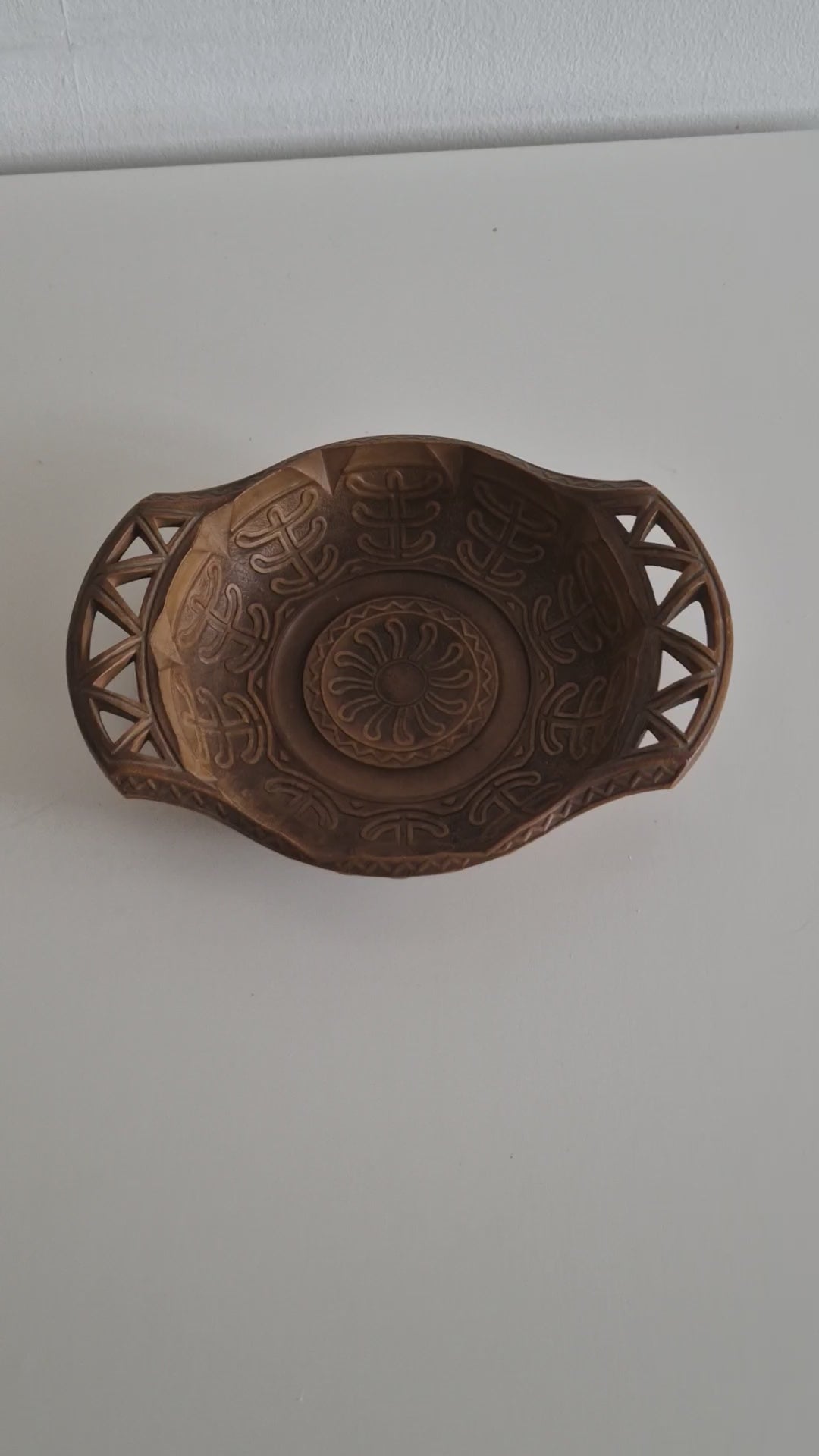Vintage Mid-Century Italian Hand-Carved Wooden Bowl with Pierced Handles — Celtic Knotwork, Made in Italy