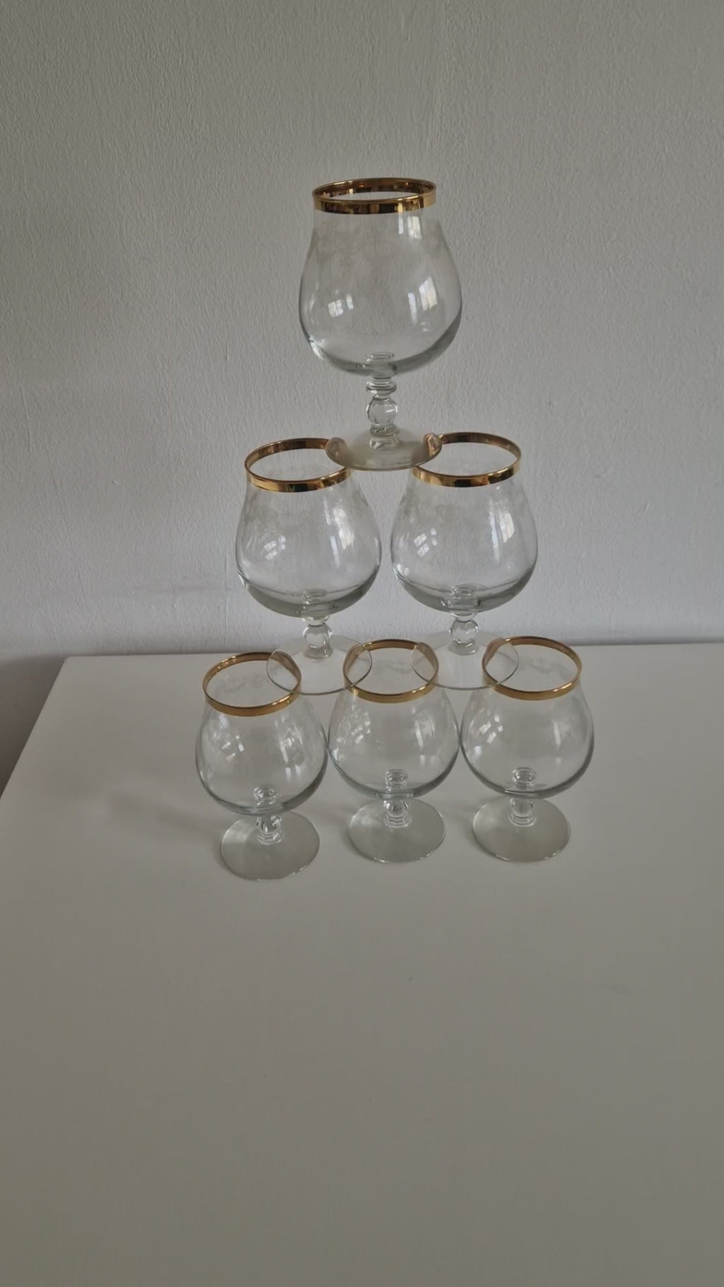 Lot de 6 verres à cognac ballon vintage en verre gravé avec bord doré | Superbe état