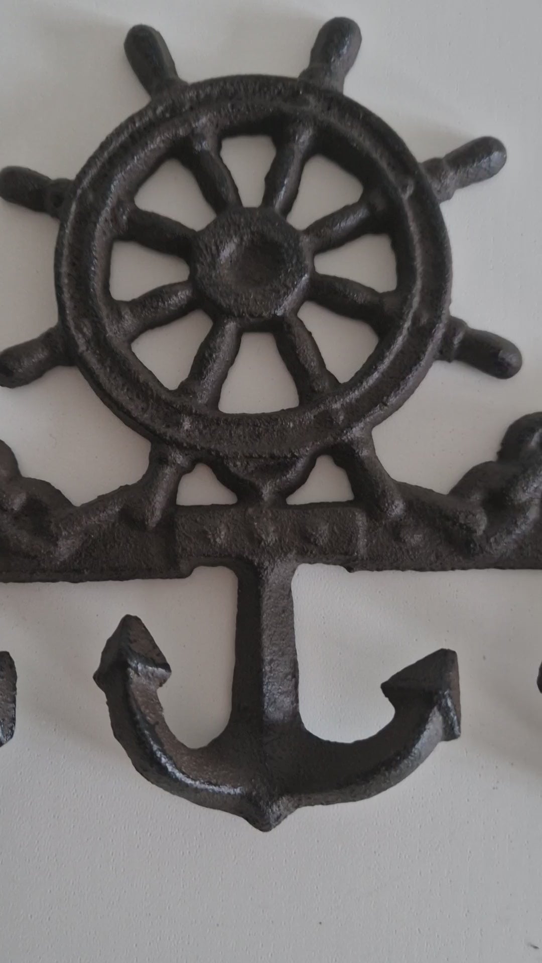 Vintage Cast Iron Nautical Wall Hook Rack | Ship's Wheel Crown & 3 Anchor Hooks | Dark Antiqued Iron Finish