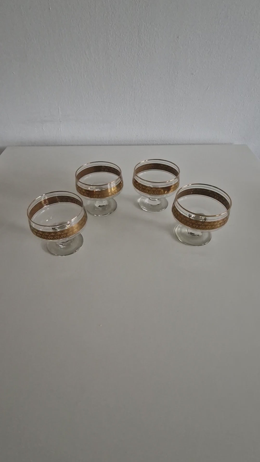 Set of 4 Vintage Gold Arabesque Glass Champagne Coupes | Mid-Century European