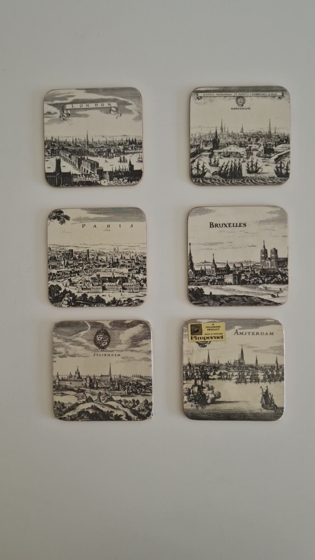 Vintage Pimpernel Untersetzer, 6er-Set – Stadtpanoramen aus dem Europa des 17. Jahrhunderts, hergestellt in England
