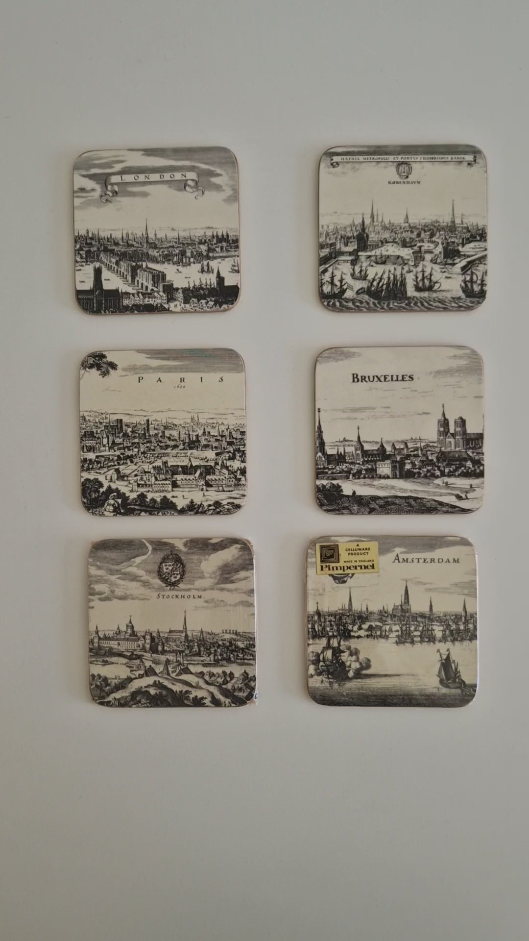 Vintage Pimpernel Untersetzer, 6er-Set – Stadtpanoramen aus dem Europa des 17. Jahrhunderts, hergestellt in England