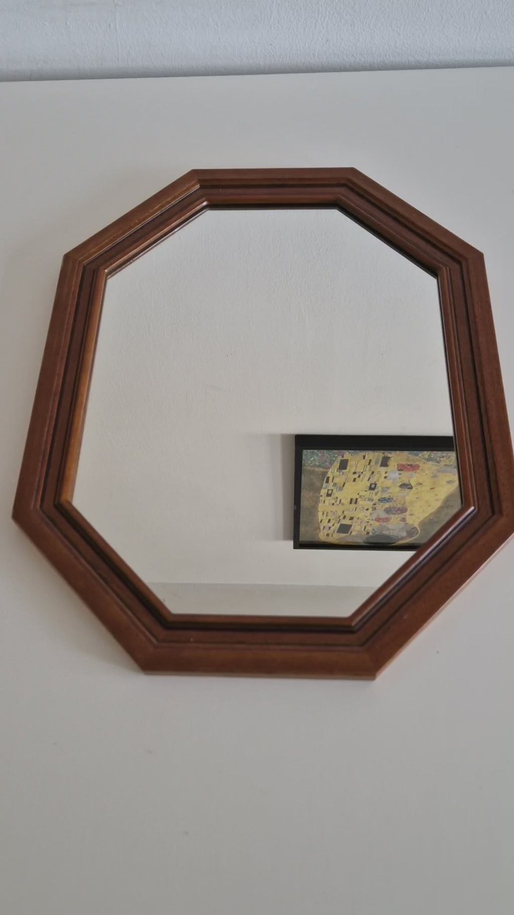 Vintage Octagonal Wall Mirror – Walnut Wood Frame, Double-Stepped Profile