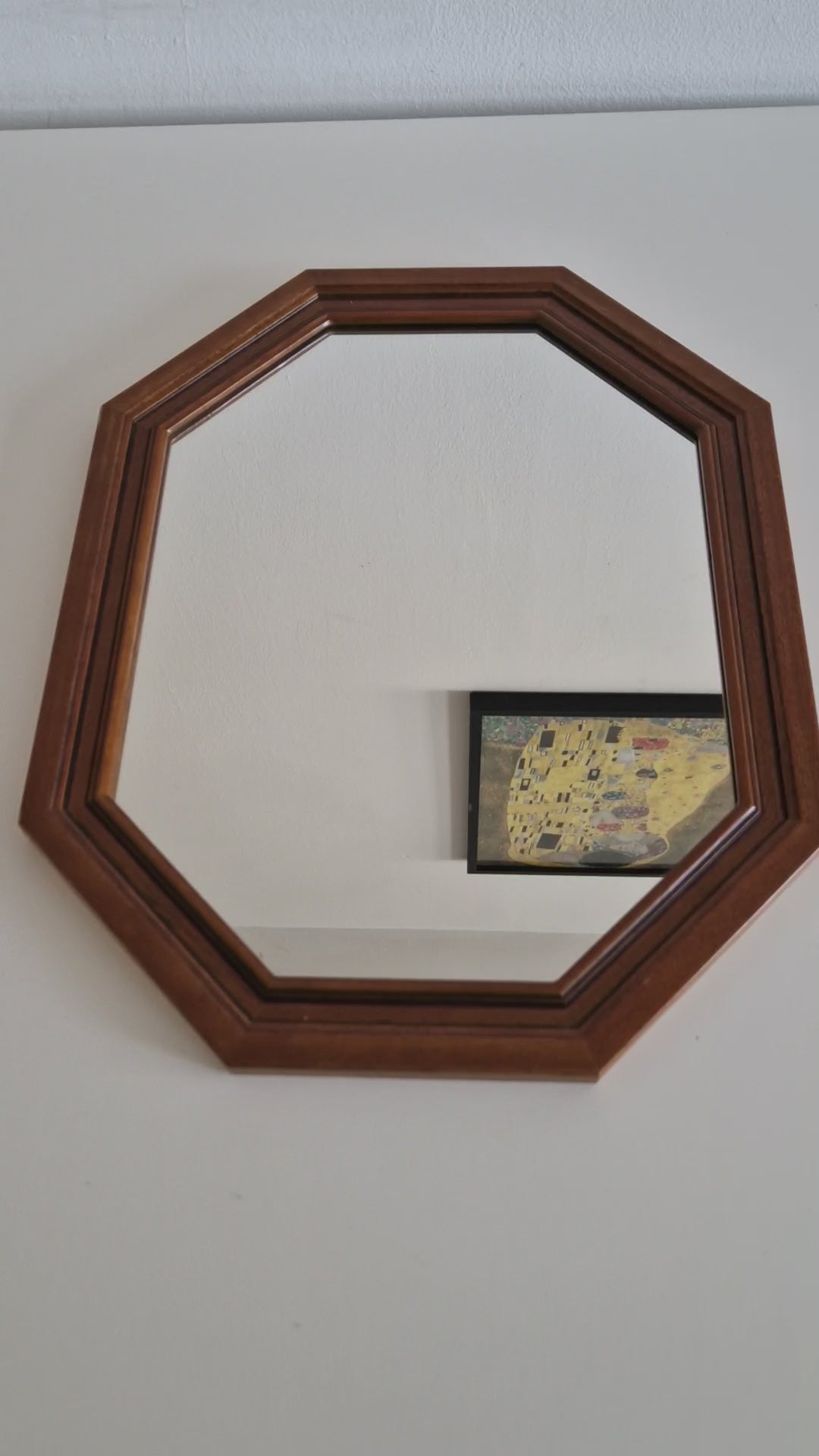 Vintage Octagonal Wall Mirror – Walnut Wood Frame, Double-Stepped Profile