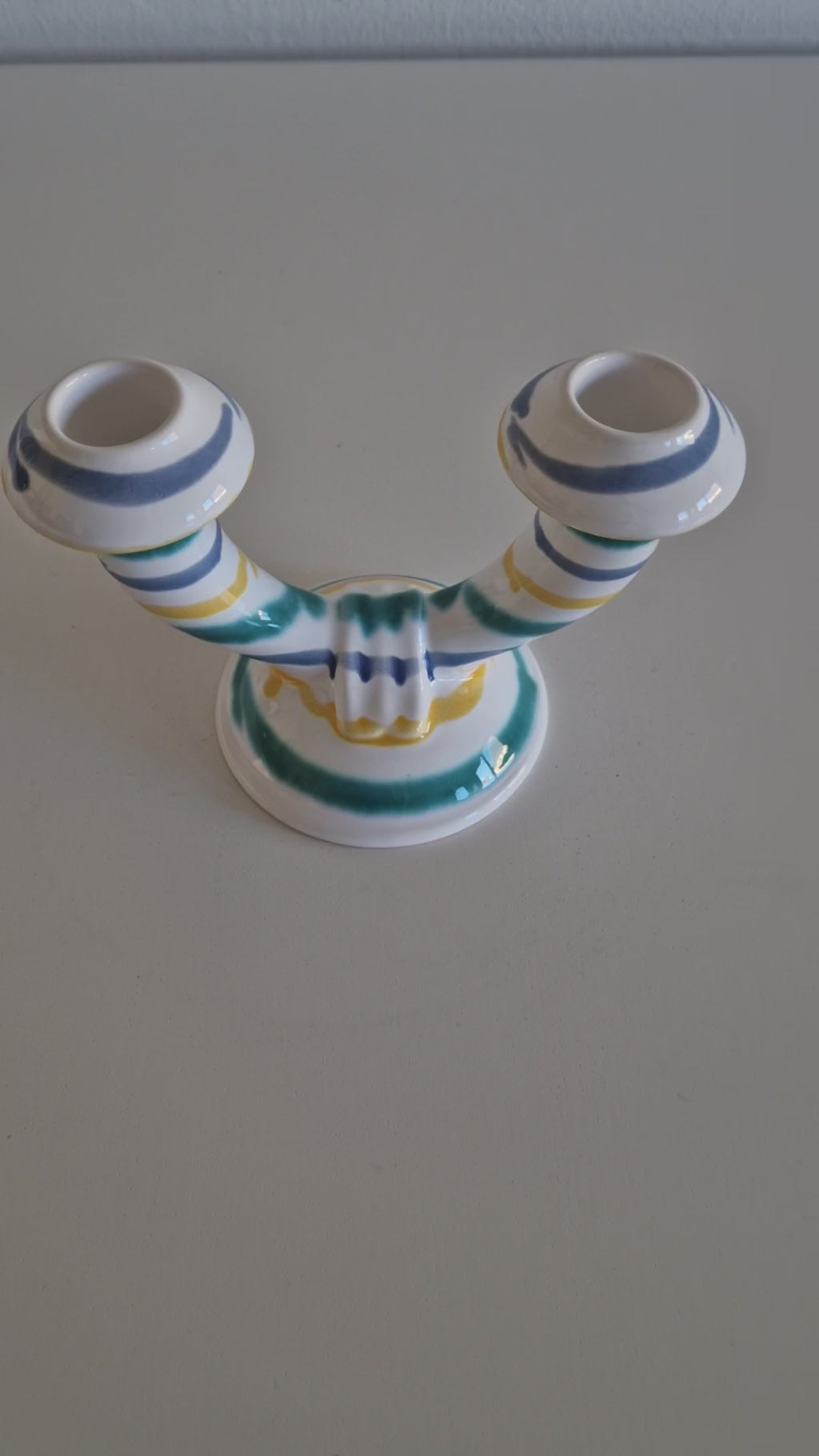 Vintage Gmundner Keramik Double Candle Holder | Two-Arm Ceramic Candelabra | Multicolour Stripe Pattern, c. Mid-20th Century
