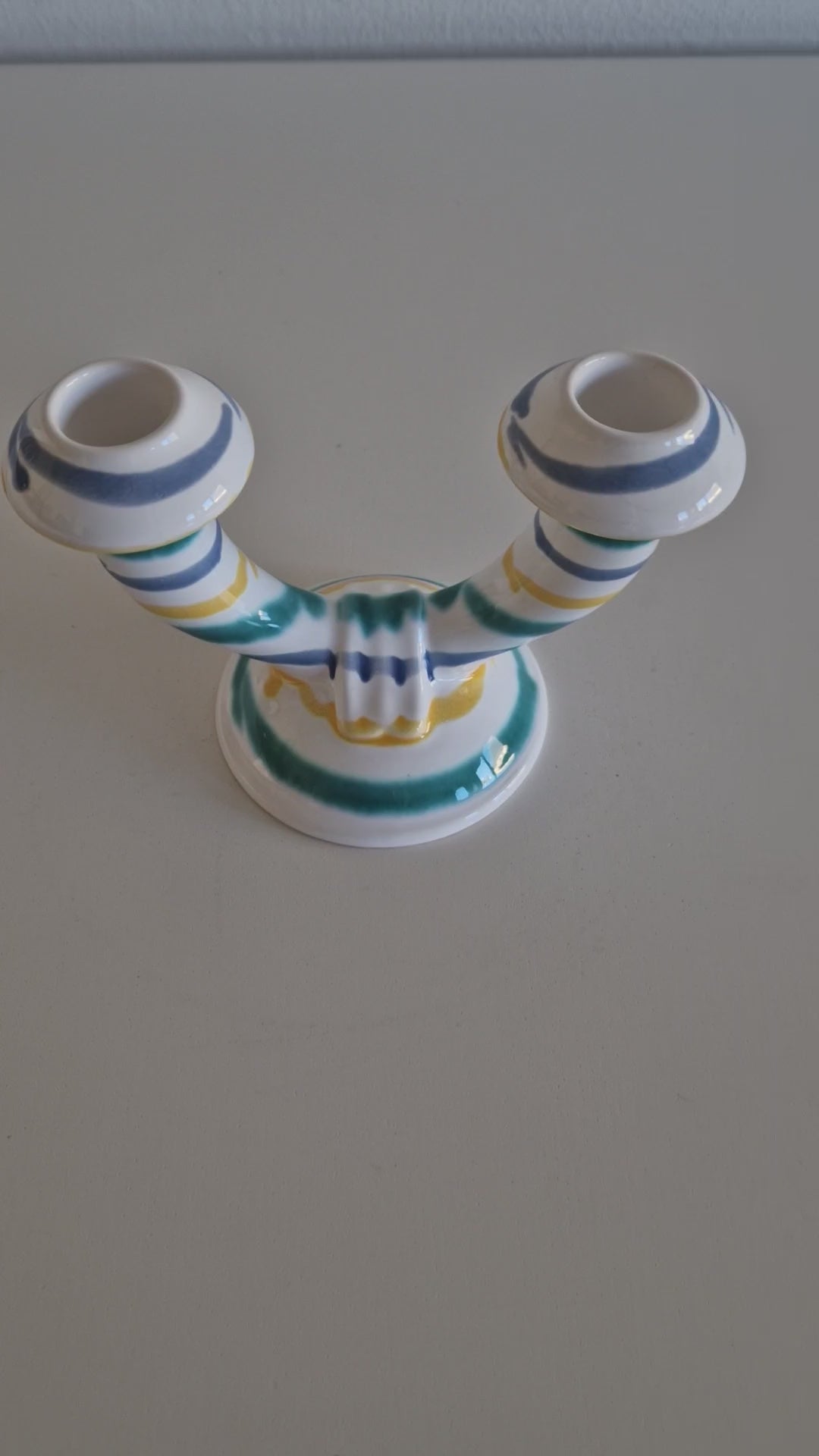 Vintage Gmundner Keramik Double Candle Holder | Two-Arm Ceramic Candelabra | Multicolour Stripe Pattern, c. Mid-20th Century
