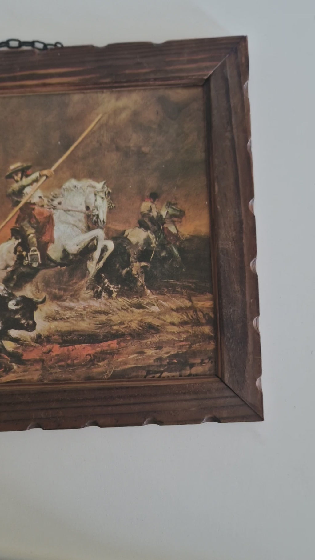 Antikes Ölgemälde – Spanische romantische Stierkampfszene | Picadore zu Pferd | Geschnitzter Walnussrahmen | 46 × 36 cm