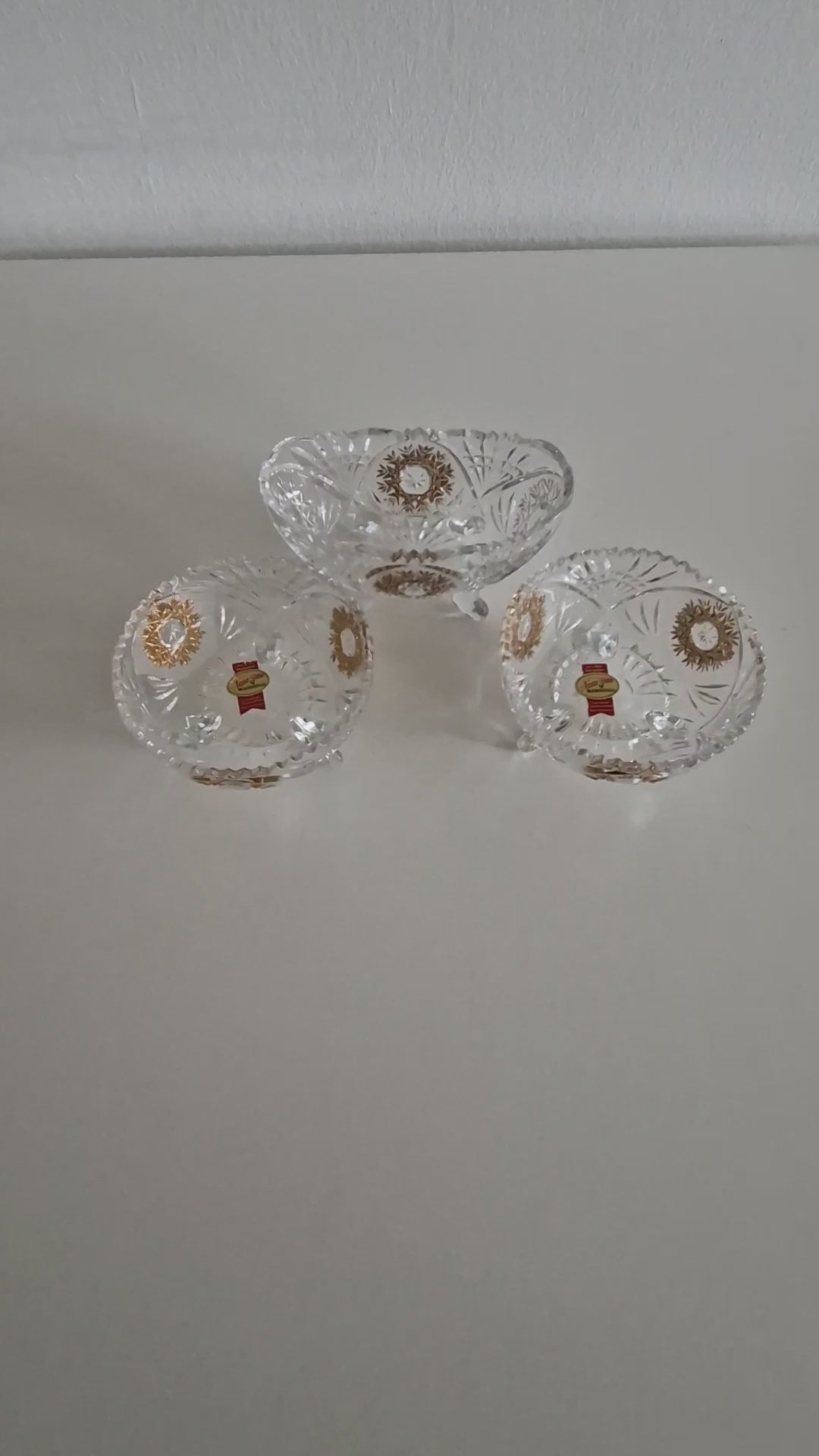 Set of Three Anna Hütte Cut Crystal Salt Cellars with Gold Sunburst Medallions — Made in Austria