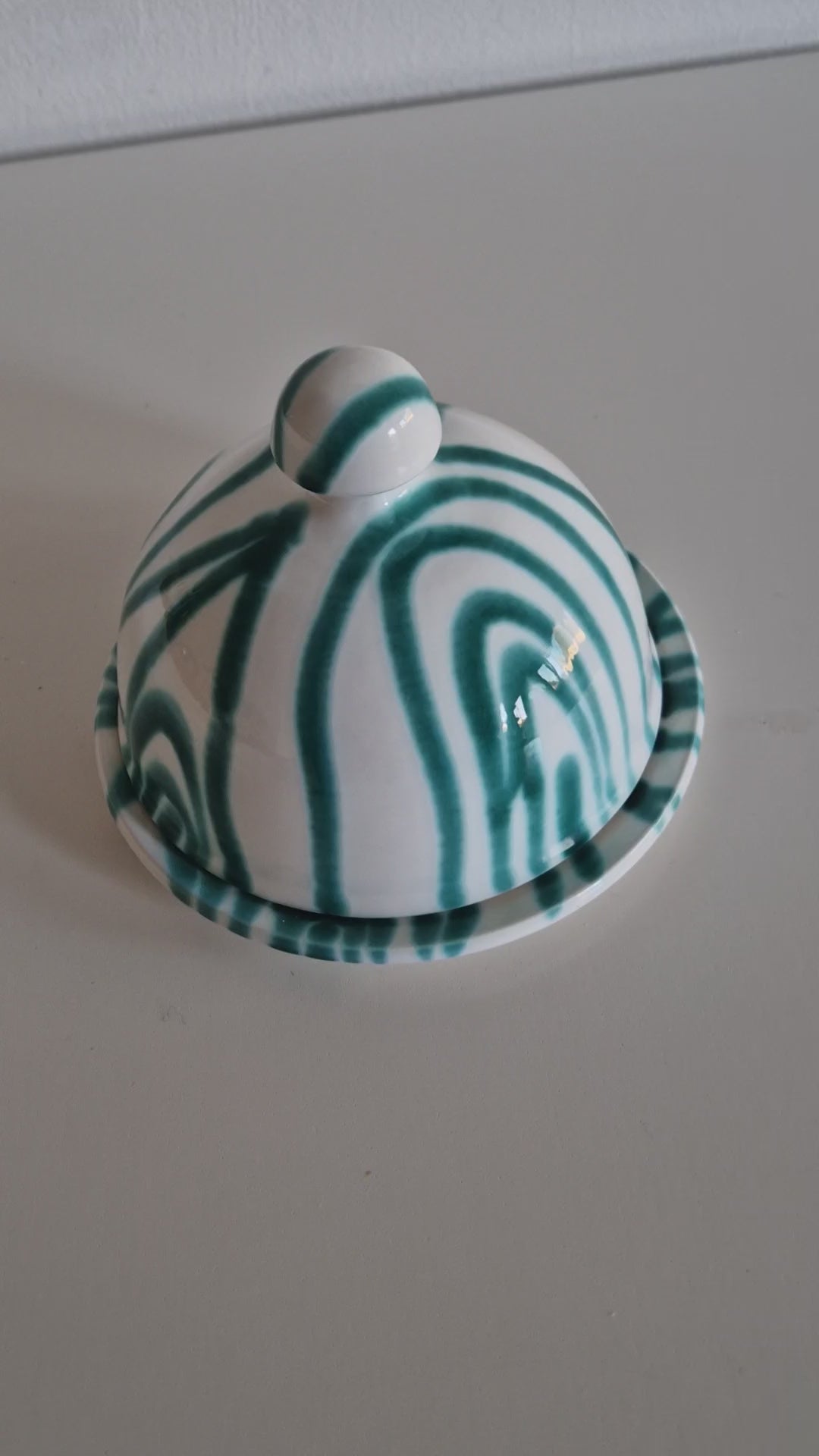 Vintage Gmundner Keramik Butter Dish | Austrian Folk Ceramics | Teal Landlinie Stripe Pattern, c. Mid-20th Century