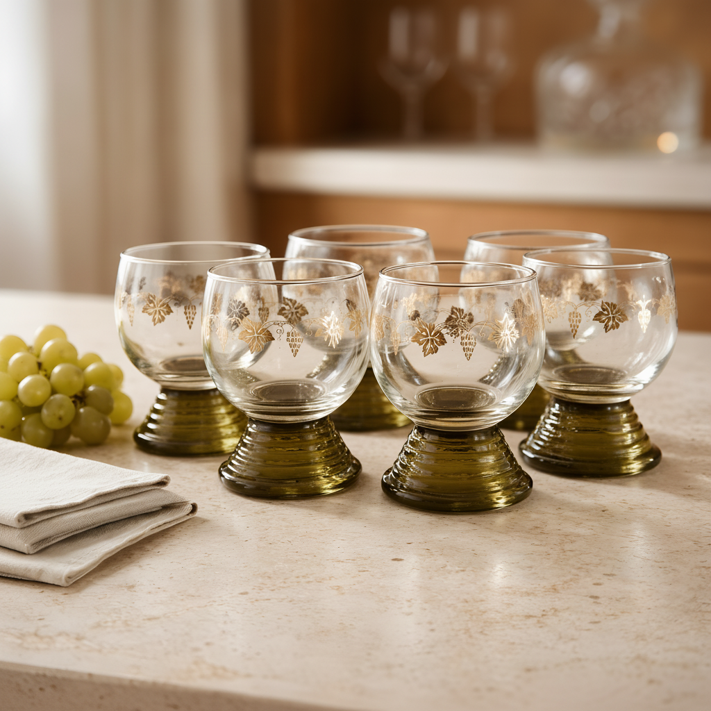 Set of 6 Vintage Green-Footed Wine Glasses