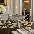Vintage silver repoussé fruit bowl on a dining table with lit candles and white rose petals.