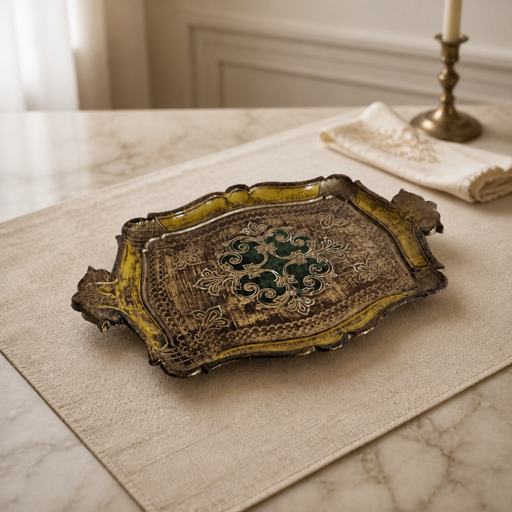 Plateau florentin en bois doré – Plaque bouclier baroque | Or et vert émeraude | Fabriqué en Italie | 26 × 35 cm