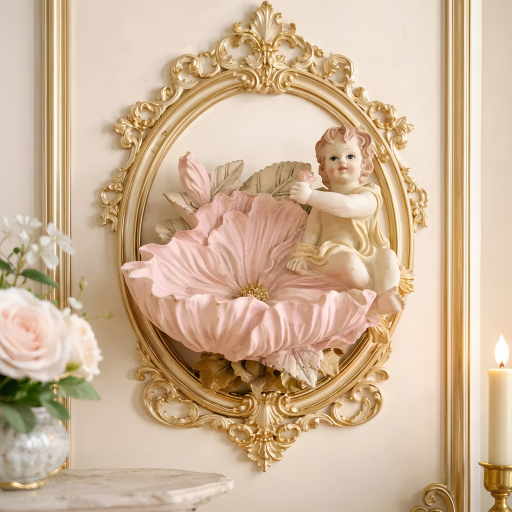 Vintage Cherub Pink Flower Wall Plaque