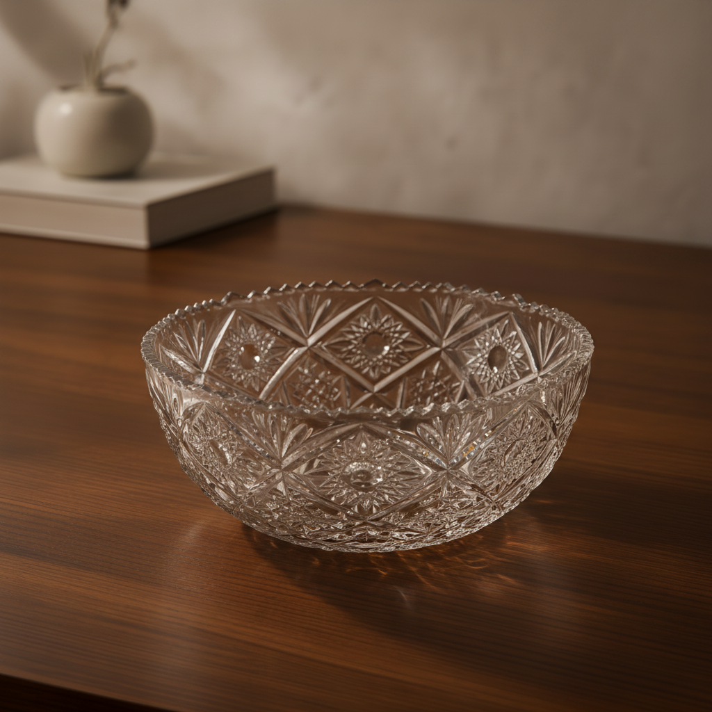 Vintage Heavy Cut Crystal Bowl Sawtooth Rim