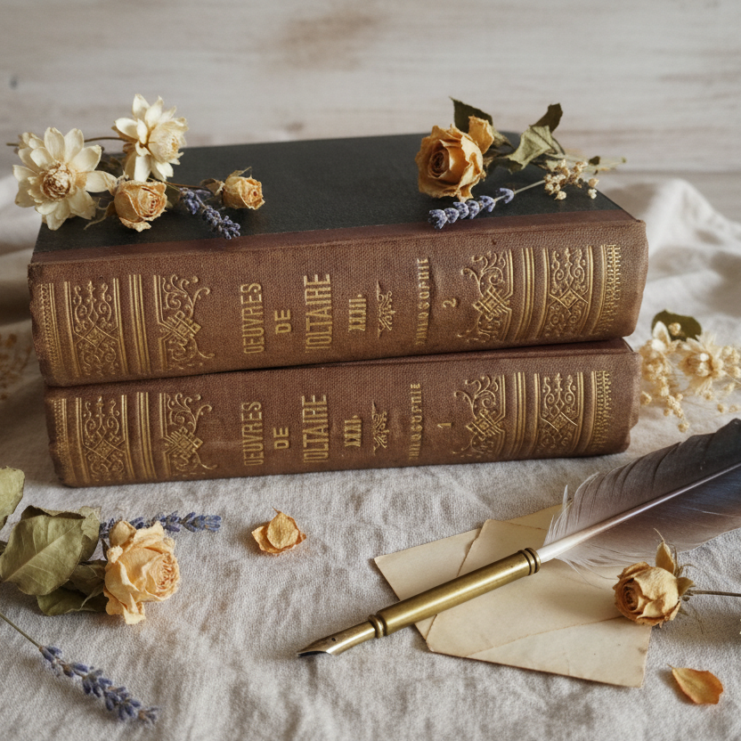 Voltaire books on cream linen with quill and flowers