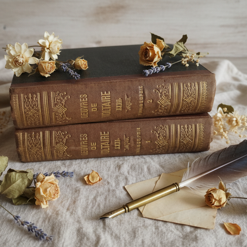 Voltaire books on cream linen with quill and flowers
